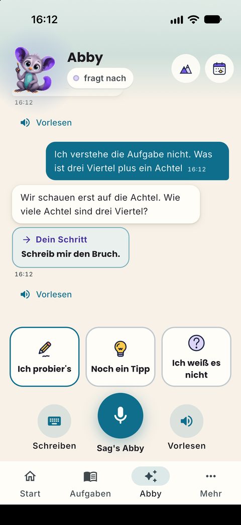 Abby fragt bei einer Bruchaufgabe nach: Wie viele Achtel sind drei Viertel? Darunter der nächste Schritt für das Kind